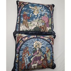 Nativity Scene Throw Pillows (2) Tapestry Stained Glass Look Holiday Decor 16x14